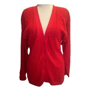 Christina Vtg Red Cardigan Sweater M Cable Knit Button Oversize Pocket Christmas